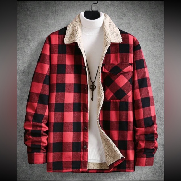 Buffalo Plaid Print Borg Collar Flap Pocket Jacket - Picture 3 of 9